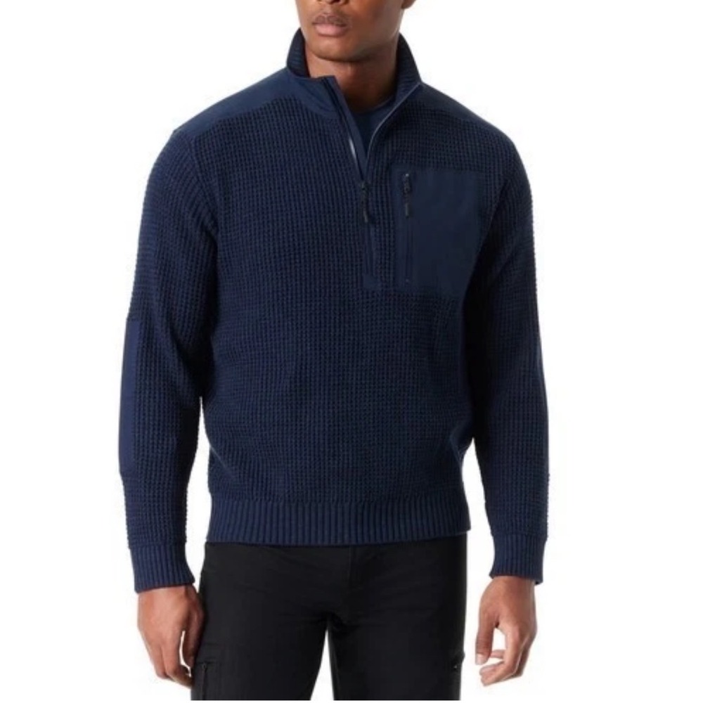Bass Outdoor Mens Quarter Zip Waffle Knit Sweater Navy Blue Large Pullover